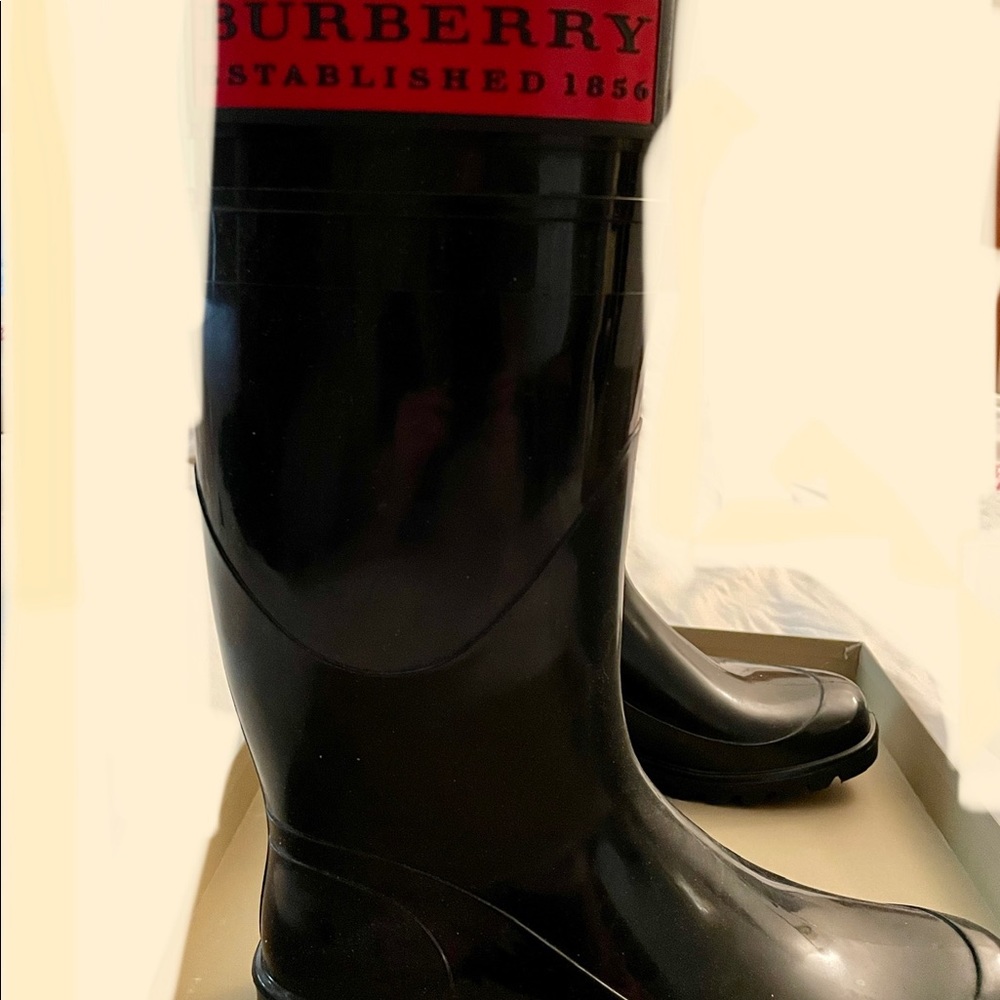 Burberry Rainboots. Worn  once. Black. Size 6. In original box.